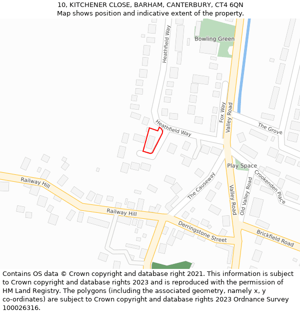 10, KITCHENER CLOSE, BARHAM, CANTERBURY, CT4 6QN: Location map and indicative extent of plot