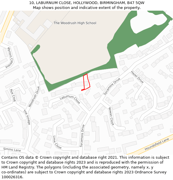 10, LABURNUM CLOSE, HOLLYWOOD, BIRMINGHAM, B47 5QW: Location map and indicative extent of plot