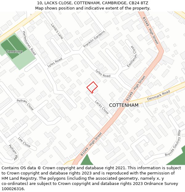10, LACKS CLOSE, COTTENHAM, CAMBRIDGE, CB24 8TZ: Location map and indicative extent of plot