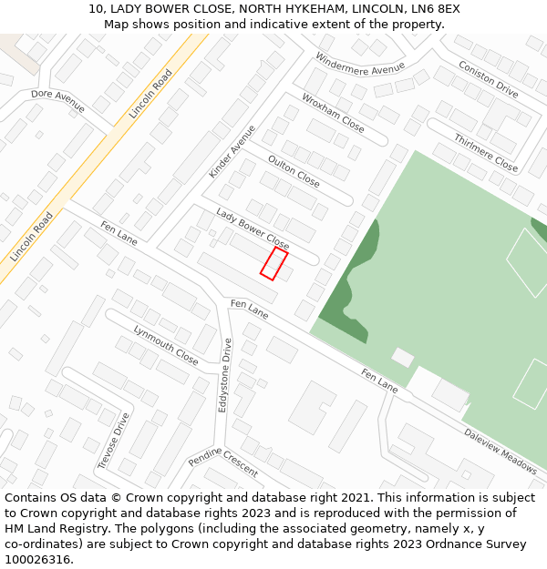 10, LADY BOWER CLOSE, NORTH HYKEHAM, LINCOLN, LN6 8EX: Location map and indicative extent of plot