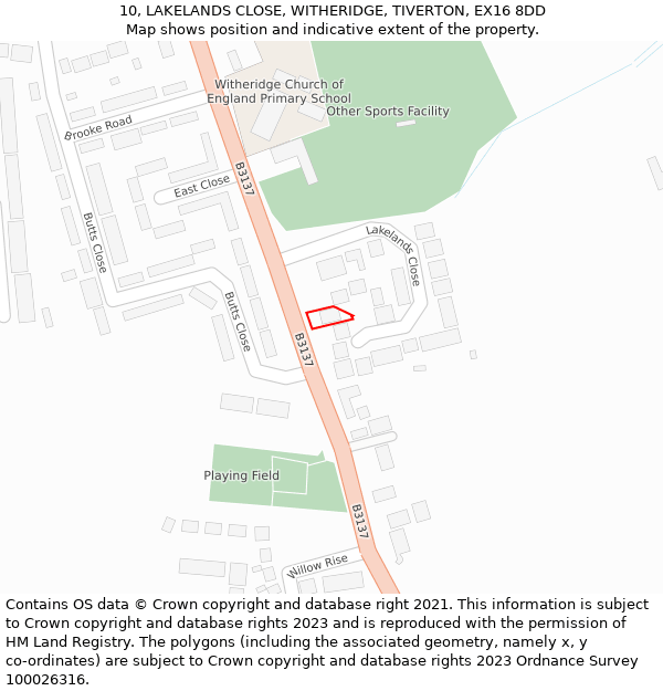 10, LAKELANDS CLOSE, WITHERIDGE, TIVERTON, EX16 8DD: Location map and indicative extent of plot