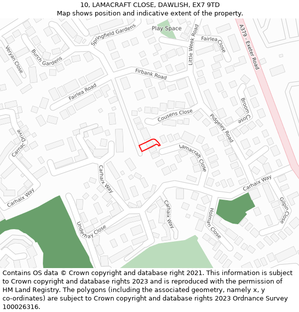 10, LAMACRAFT CLOSE, DAWLISH, EX7 9TD: Location map and indicative extent of plot