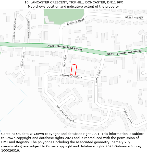 10, LANCASTER CRESCENT, TICKHILL, DONCASTER, DN11 9PX: Location map and indicative extent of plot