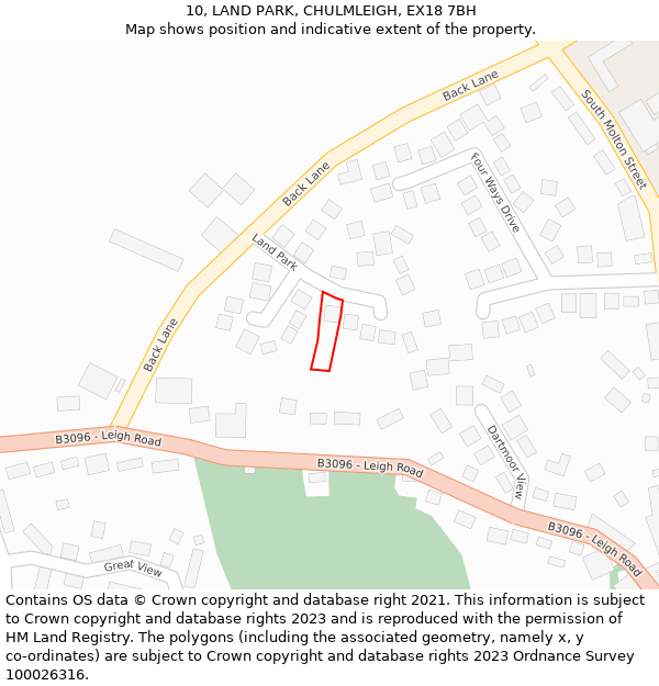 10, LAND PARK, CHULMLEIGH, EX18 7BH: Location map and indicative extent of plot