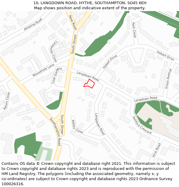 10, LANGDOWN ROAD, HYTHE, SOUTHAMPTON, SO45 6EH: Location map and indicative extent of plot