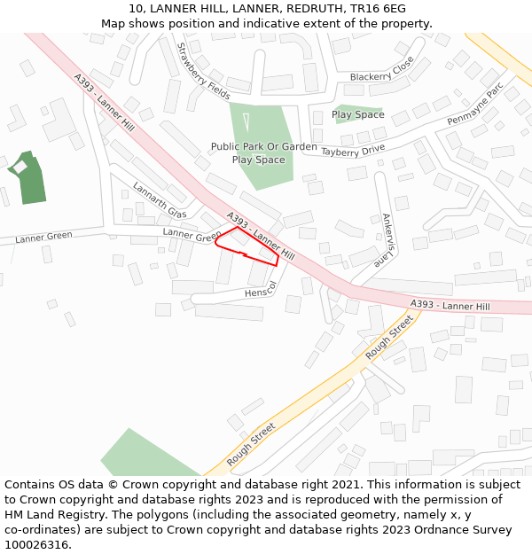 10, LANNER HILL, LANNER, REDRUTH, TR16 6EG: Location map and indicative extent of plot