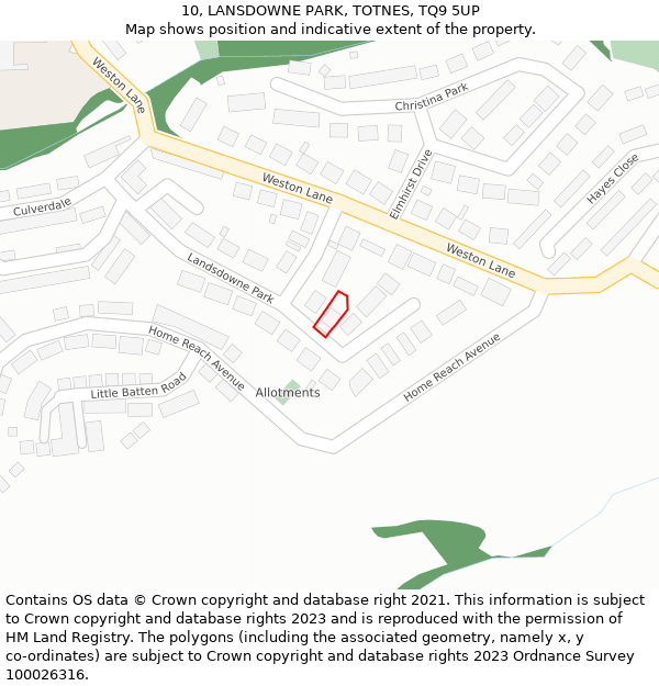 10, LANSDOWNE PARK, TOTNES, TQ9 5UP: Location map and indicative extent of plot