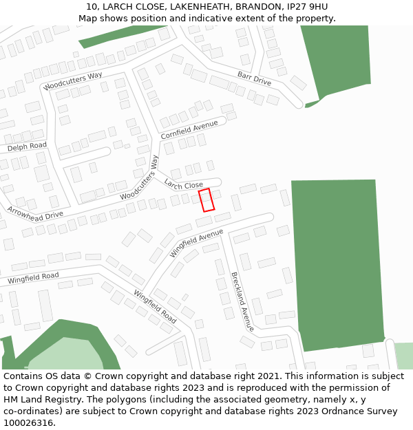 10, LARCH CLOSE, LAKENHEATH, BRANDON, IP27 9HU: Location map and indicative extent of plot