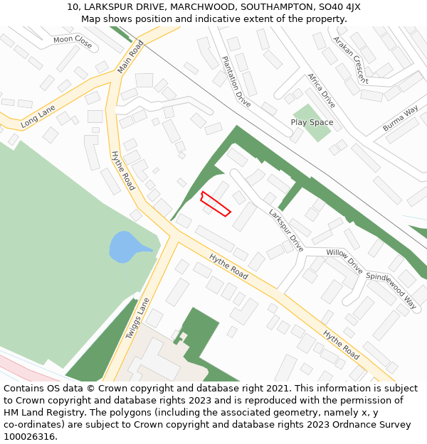 10, LARKSPUR DRIVE, MARCHWOOD, SOUTHAMPTON, SO40 4JX: Location map and indicative extent of plot