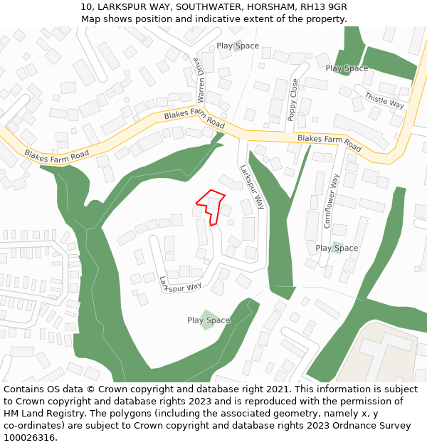 10, LARKSPUR WAY, SOUTHWATER, HORSHAM, RH13 9GR: Location map and indicative extent of plot