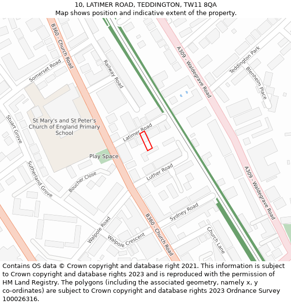 10, LATIMER ROAD, TEDDINGTON, TW11 8QA: Location map and indicative extent of plot