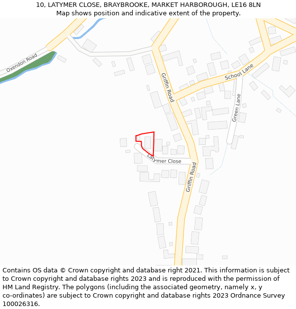 10, LATYMER CLOSE, BRAYBROOKE, MARKET HARBOROUGH, LE16 8LN: Location map and indicative extent of plot