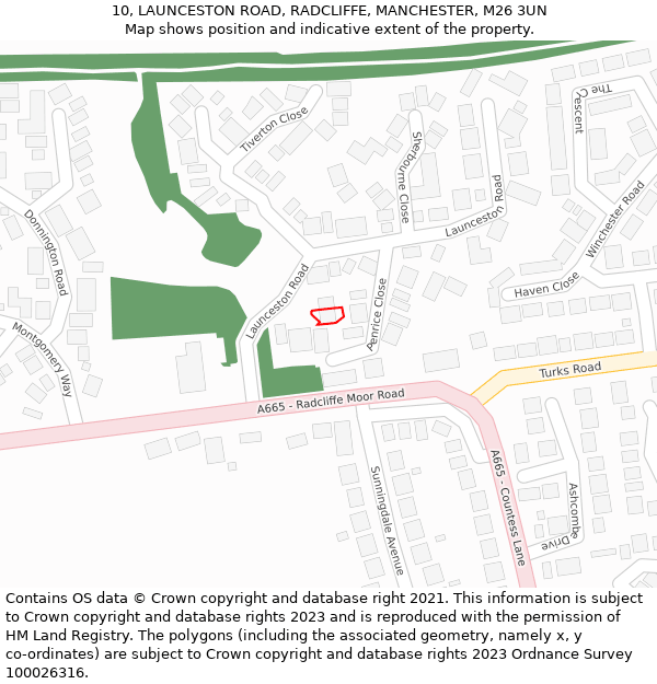 10, LAUNCESTON ROAD, RADCLIFFE, MANCHESTER, M26 3UN: Location map and indicative extent of plot