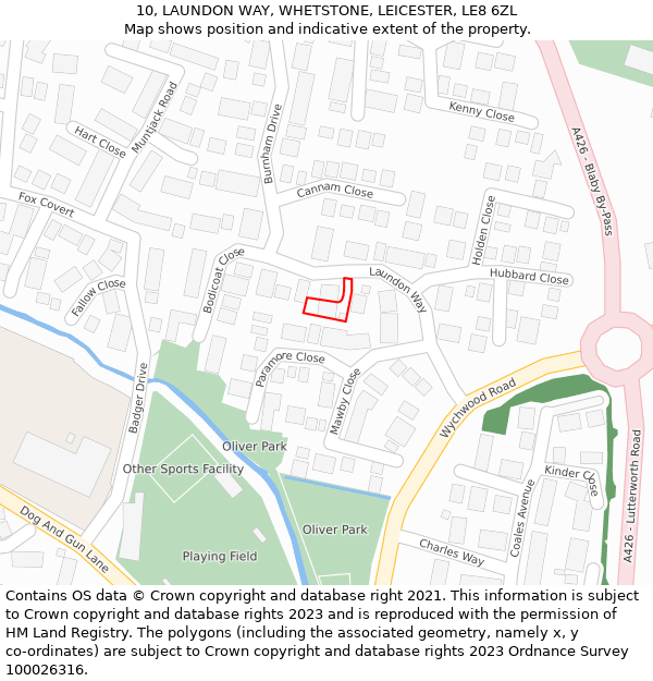 10, LAUNDON WAY, WHETSTONE, LEICESTER, LE8 6ZL: Location map and indicative extent of plot