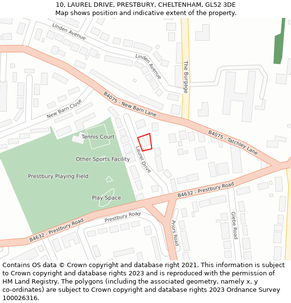 10, LAUREL DRIVE, PRESTBURY, CHELTENHAM, GL52 3DE: Location map and indicative extent of plot