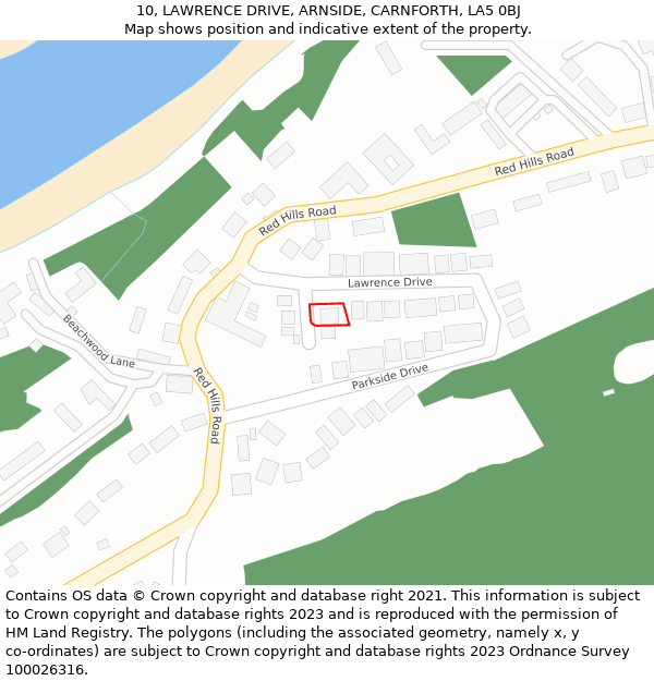 10, LAWRENCE DRIVE, ARNSIDE, CARNFORTH, LA5 0BJ: Location map and indicative extent of plot