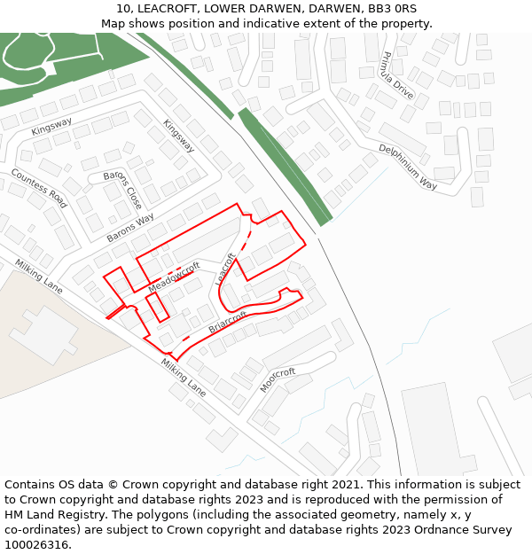 10, LEACROFT, LOWER DARWEN, DARWEN, BB3 0RS: Location map and indicative extent of plot