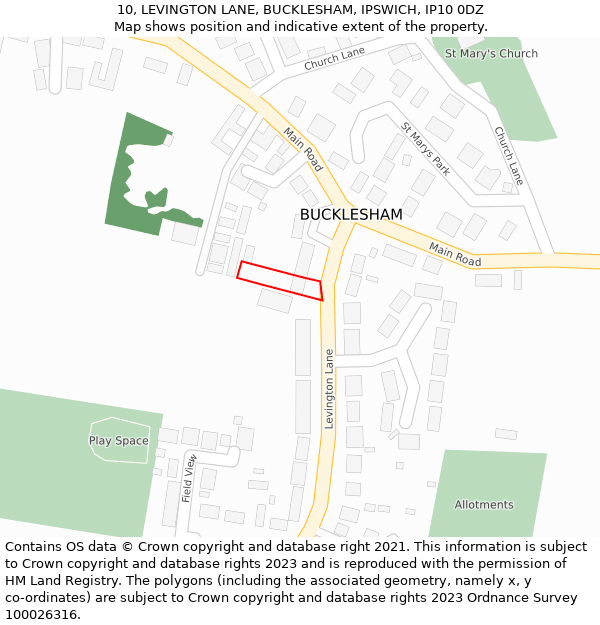 10, LEVINGTON LANE, BUCKLESHAM, IPSWICH, IP10 0DZ: Location map and indicative extent of plot