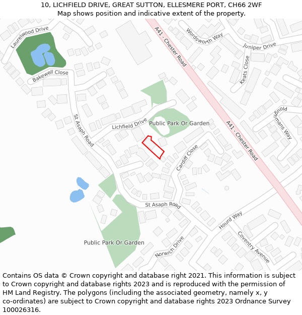 10, LICHFIELD DRIVE, GREAT SUTTON, ELLESMERE PORT, CH66 2WF: Location map and indicative extent of plot