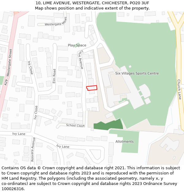 10, LIME AVENUE, WESTERGATE, CHICHESTER, PO20 3UF: Location map and indicative extent of plot