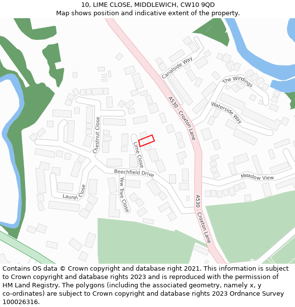 10, LIME CLOSE, MIDDLEWICH, CW10 9QD: Location map and indicative extent of plot