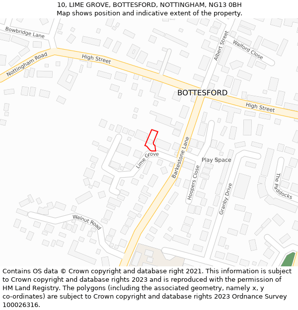 10, LIME GROVE, BOTTESFORD, NOTTINGHAM, NG13 0BH: Location map and indicative extent of plot