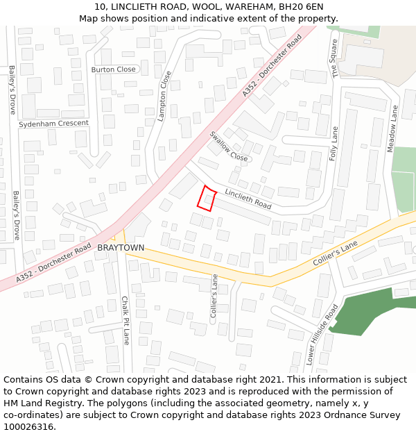 10, LINCLIETH ROAD, WOOL, WAREHAM, BH20 6EN: Location map and indicative extent of plot