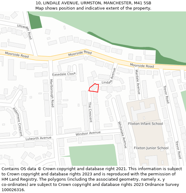 10, LINDALE AVENUE, URMSTON, MANCHESTER, M41 5SB: Location map and indicative extent of plot