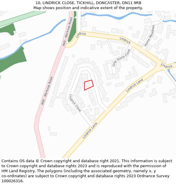 10, LINDRICK CLOSE, TICKHILL, DONCASTER, DN11 9RB: Location map and indicative extent of plot