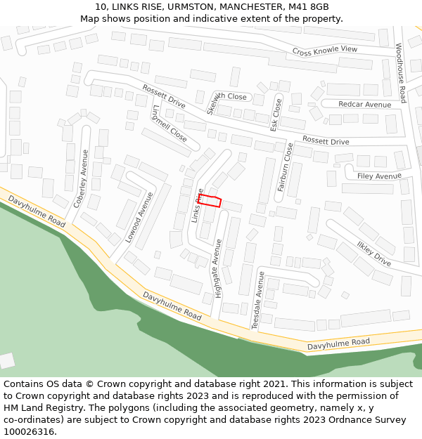 10, LINKS RISE, URMSTON, MANCHESTER, M41 8GB: Location map and indicative extent of plot