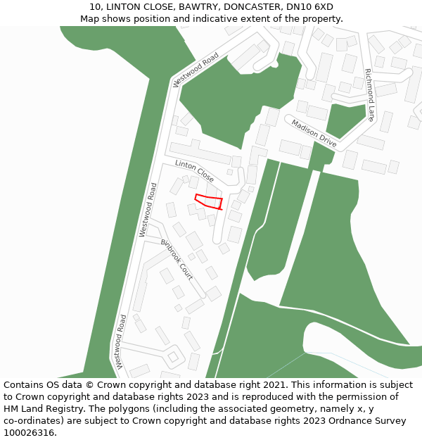 10, LINTON CLOSE, BAWTRY, DONCASTER, DN10 6XD: Location map and indicative extent of plot