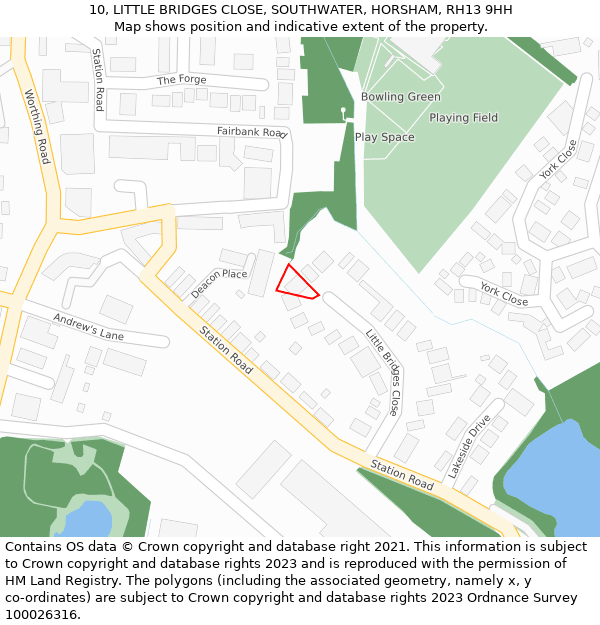 10, LITTLE BRIDGES CLOSE, SOUTHWATER, HORSHAM, RH13 9HH: Location map and indicative extent of plot