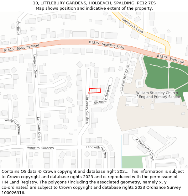 10, LITTLEBURY GARDENS, HOLBEACH, SPALDING, PE12 7ES: Location map and indicative extent of plot