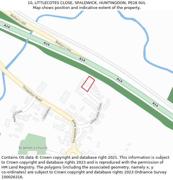 10, LITTLECOTES CLOSE, SPALDWICK, HUNTINGDON, PE28 0UL: Location map and indicative extent of plot