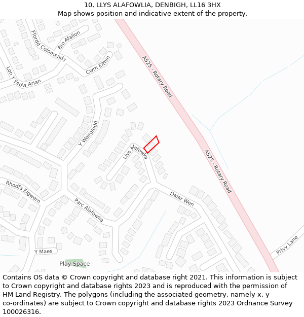 10, LLYS ALAFOWLIA, DENBIGH, LL16 3HX: Location map and indicative extent of plot