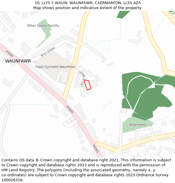 10, LLYS Y WAUN, WAUNFAWR, CAERNARFON, LL55 4ZA: Location map and indicative extent of plot