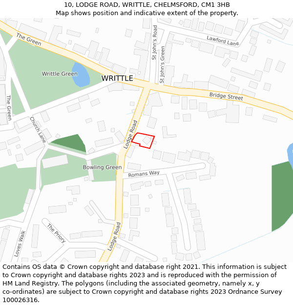 10, LODGE ROAD, WRITTLE, CHELMSFORD, CM1 3HB: Location map and indicative extent of plot