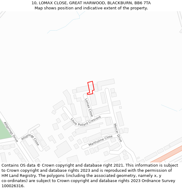 10, LOMAX CLOSE, GREAT HARWOOD, BLACKBURN, BB6 7TA: Location map and indicative extent of plot