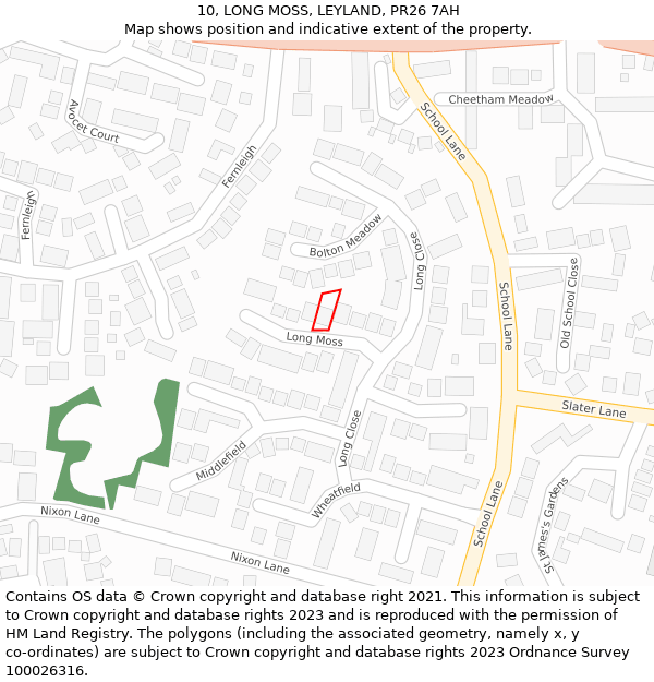 10, LONG MOSS, LEYLAND, PR26 7AH: Location map and indicative extent of plot
