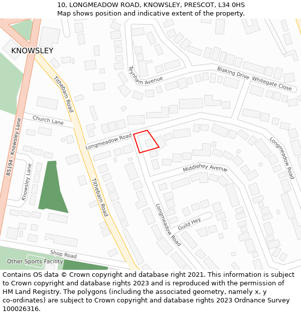 10, LONGMEADOW ROAD, KNOWSLEY, PRESCOT, L34 0HS: Location map and indicative extent of plot