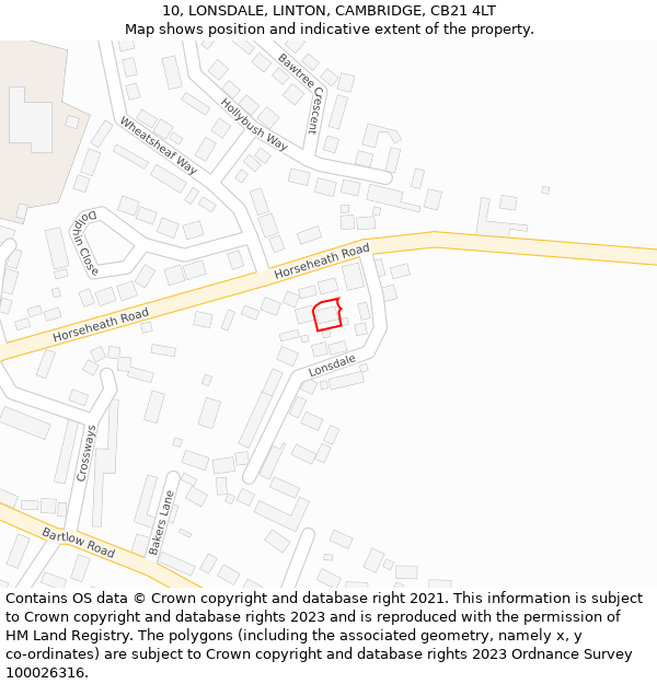 10, LONSDALE, LINTON, CAMBRIDGE, CB21 4LT: Location map and indicative extent of plot