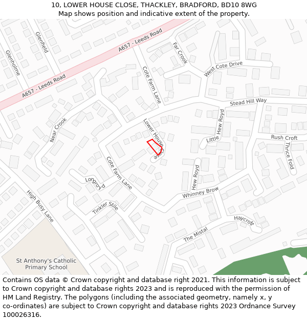 10, LOWER HOUSE CLOSE, THACKLEY, BRADFORD, BD10 8WG: Location map and indicative extent of plot