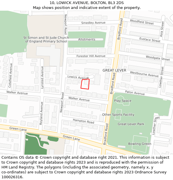 10, LOWICK AVENUE, BOLTON, BL3 2DS: Location map and indicative extent of plot