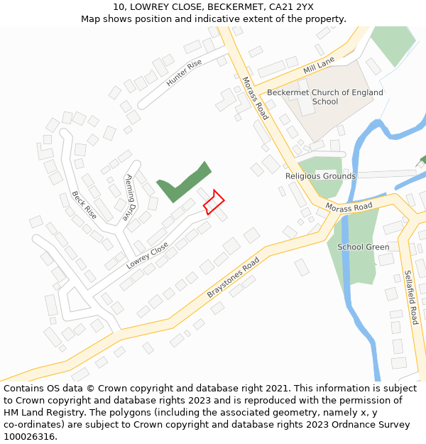 10, LOWREY CLOSE, BECKERMET, CA21 2YX: Location map and indicative extent of plot