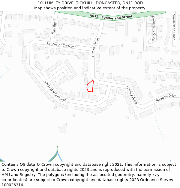 10, LUMLEY DRIVE, TICKHILL, DONCASTER, DN11 9QD: Location map and indicative extent of plot