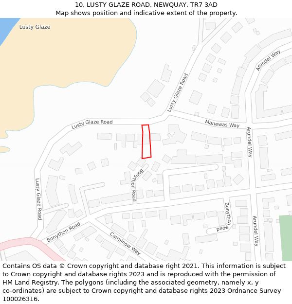 10, LUSTY GLAZE ROAD, NEWQUAY, TR7 3AD: Location map and indicative extent of plot