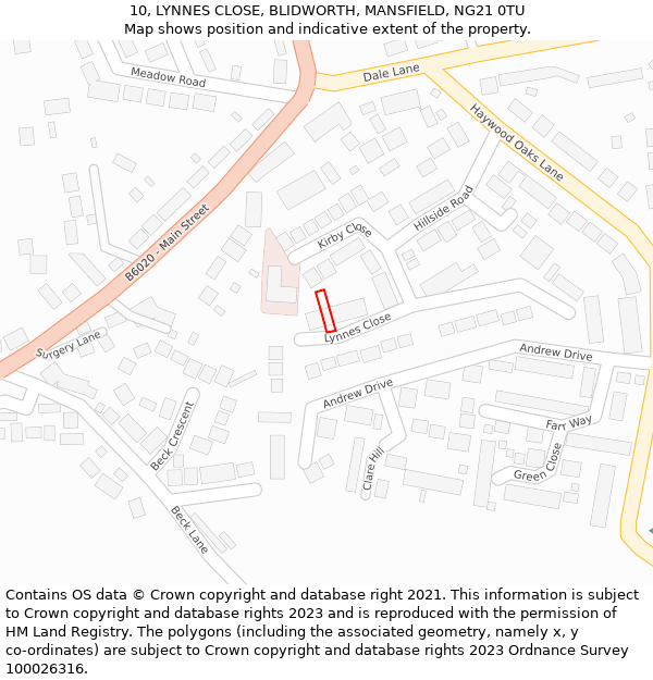 10, LYNNES CLOSE, BLIDWORTH, MANSFIELD, NG21 0TU: Location map and indicative extent of plot