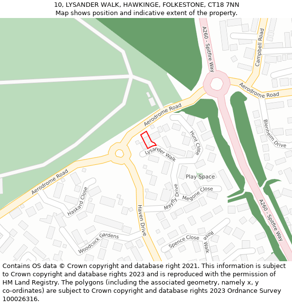 10, LYSANDER WALK, HAWKINGE, FOLKESTONE, CT18 7NN: Location map and indicative extent of plot