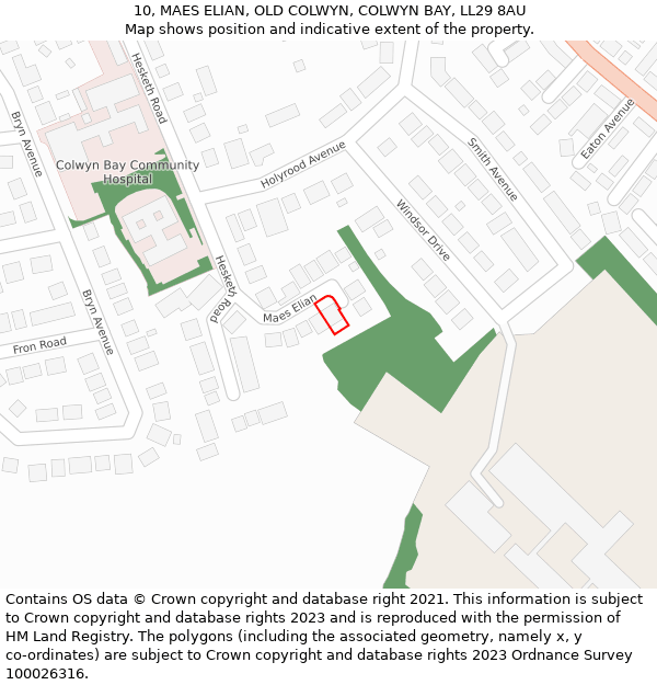 10, MAES ELIAN, OLD COLWYN, COLWYN BAY, LL29 8AU: Location map and indicative extent of plot