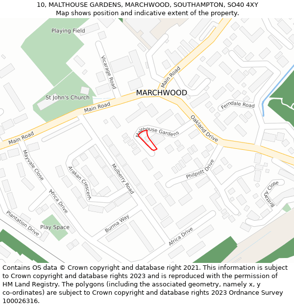 10, MALTHOUSE GARDENS, MARCHWOOD, SOUTHAMPTON, SO40 4XY: Location map and indicative extent of plot